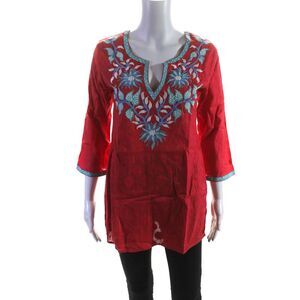 Sulu Collection Womens Red Cotton Floral Embroidered Tunic Blouse Top Size 4